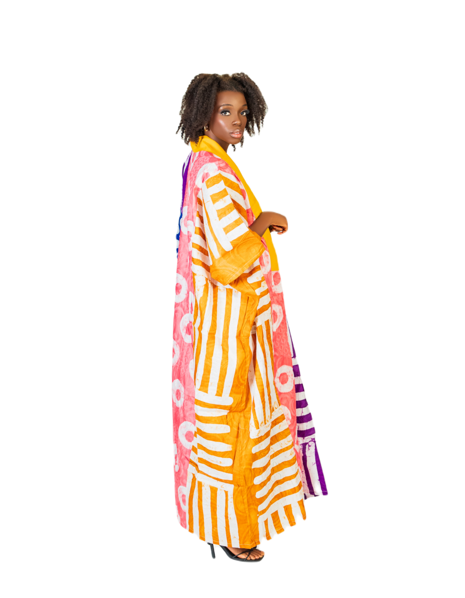 A woman in a colorful robe